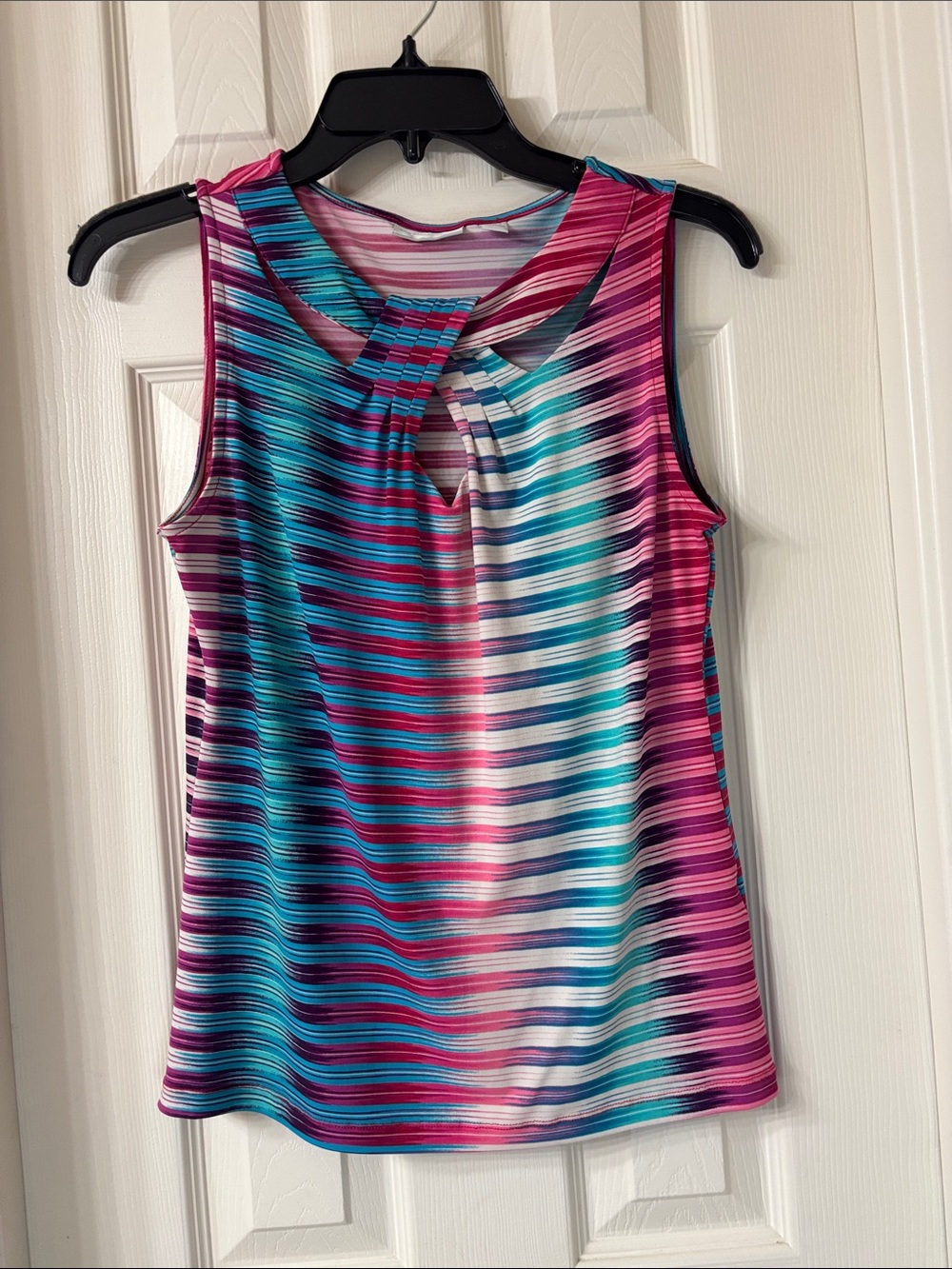 New York & Company Teal, Pink & White Striped Twist-Keyhole Tank
